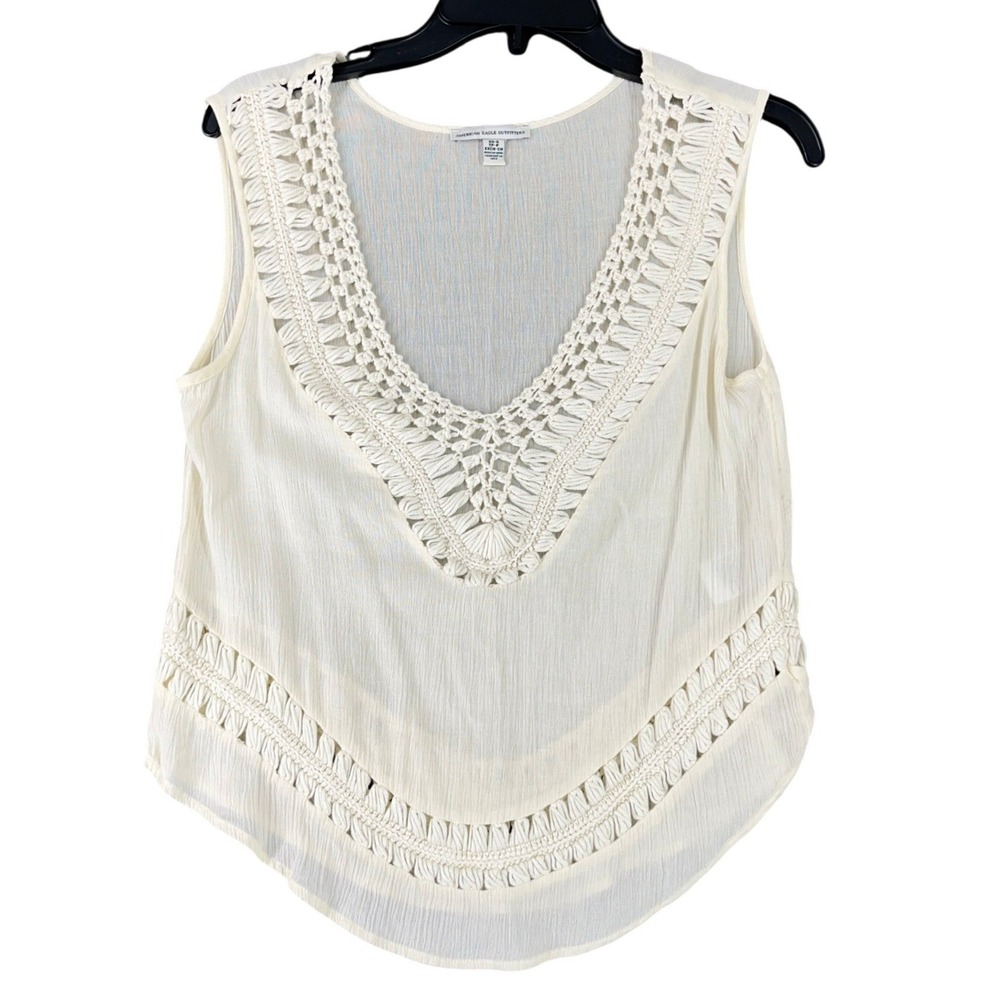 American Eagle Crochet Trim‎ Gauze Tank Top Cream XS/S Women Boho